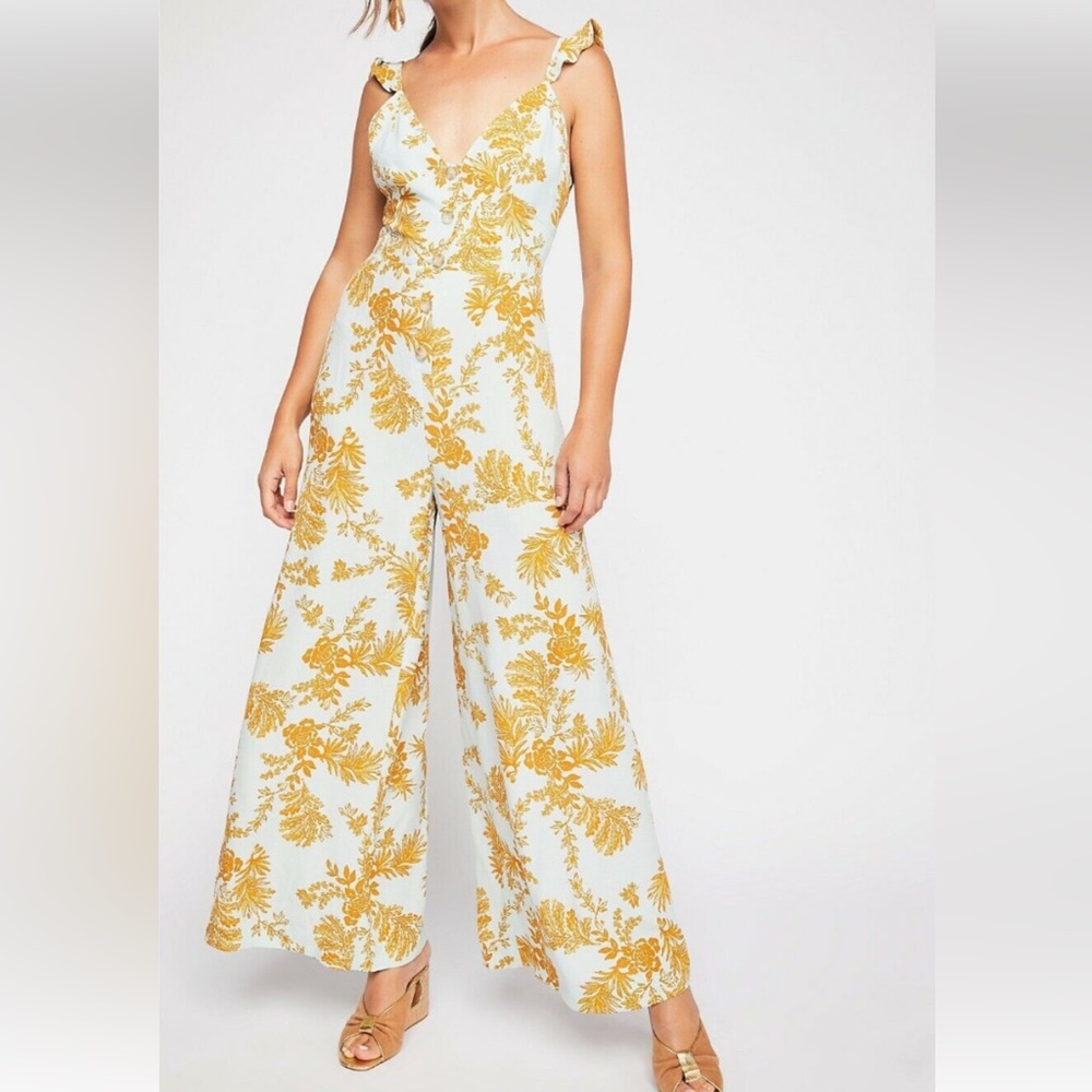 Free People floral ruffle sleeve jumpsuit size 2
